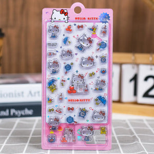 A retail-ready sheet of 3D embossed Hello Kitty puffy stickers featuring retro designs like tennis rackets, clocks, and teddy bears for DIY styling.
