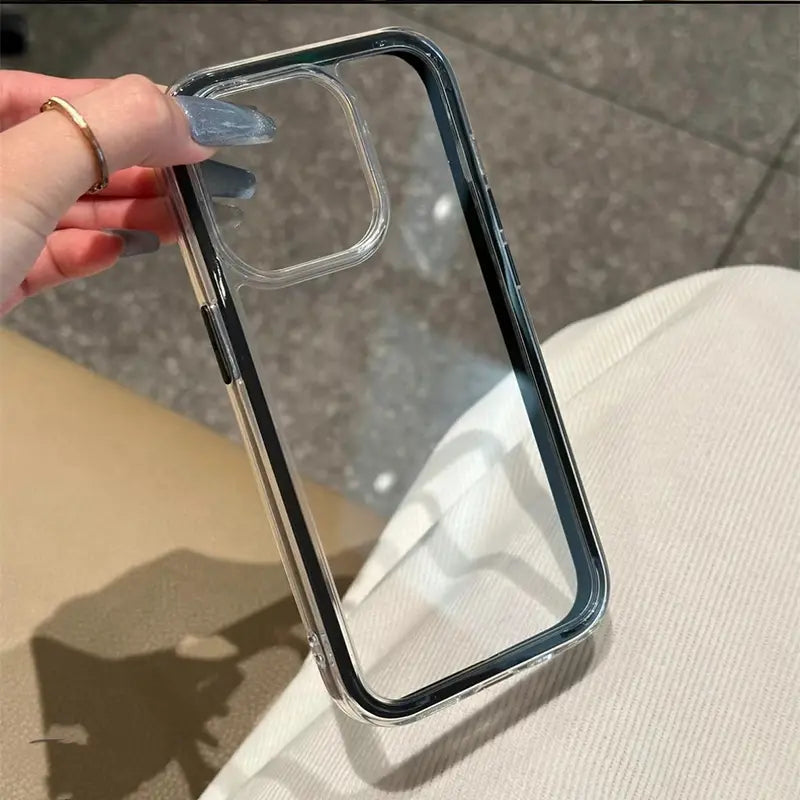 Clear DIY phone case for iPhone with black protective frame and transparent back panel, featuring raised camera protection, perfect for sticker decoration.