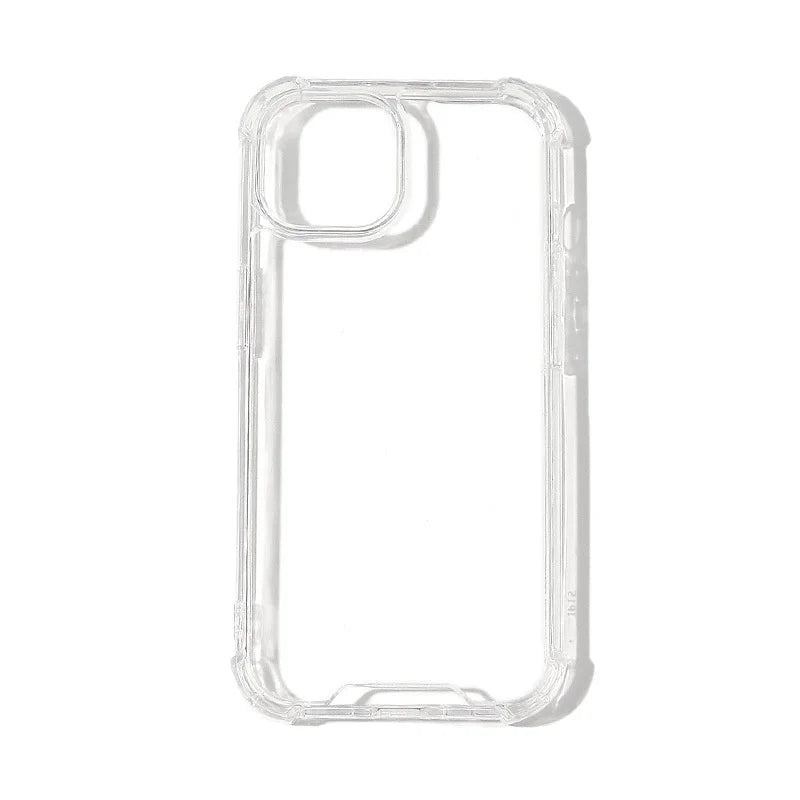 Clear transparent shockproof DIY phone case for iPhone, with reinforced corners and raised camera protection, ready for sticker decoration.