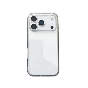 Clear transparent shockproof DIY phone case for iPhone, with reinforced corners and raised camera protection, ready for sticker decoration.