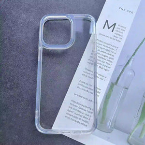 Clear transparent shockproof DIY phone case for iPhone, with reinforced corners and raised camera protection, ready for sticker decoration.