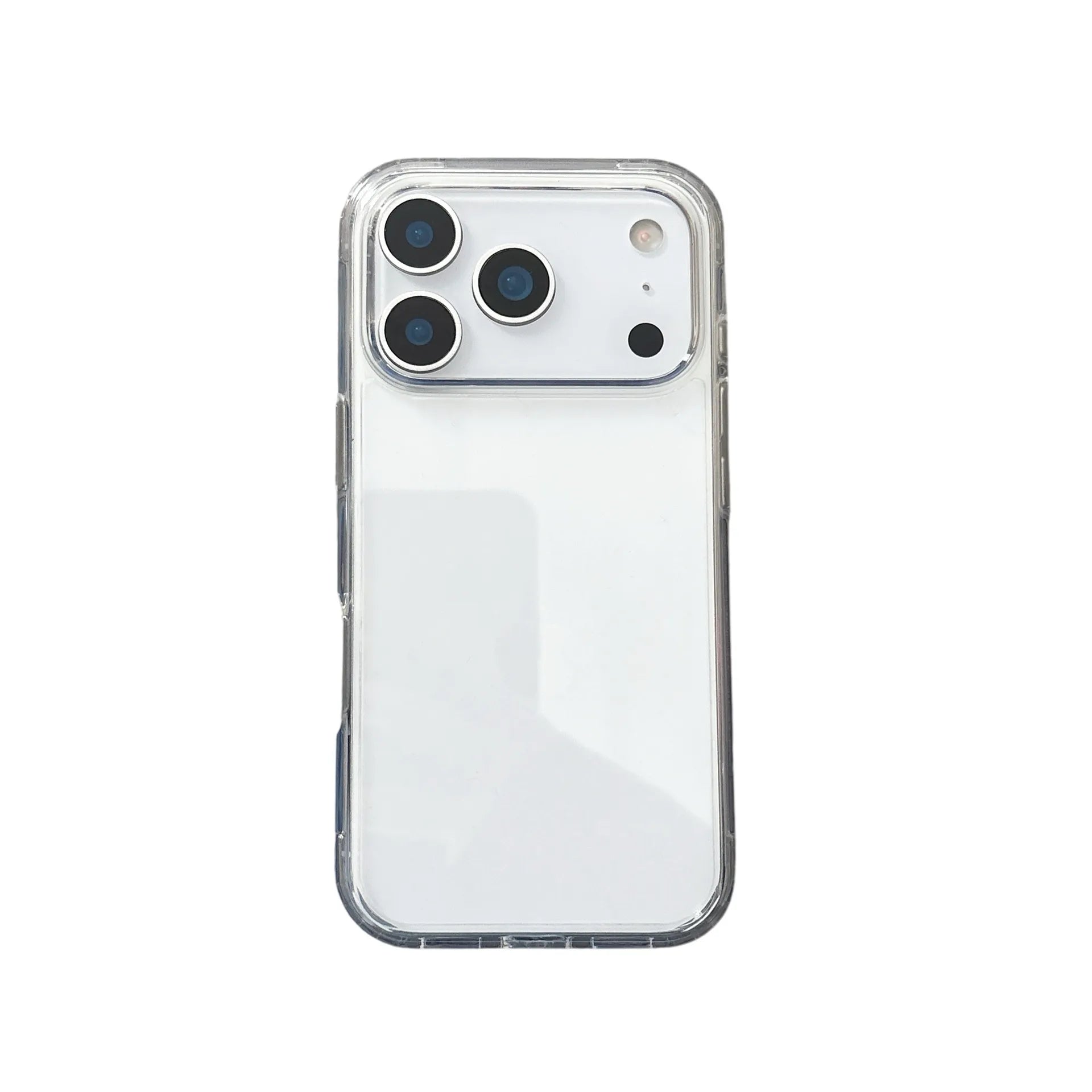 Clear transparent shockproof DIY phone case for iPhone, with reinforced corners and raised camera protection, ready for sticker decoration.
