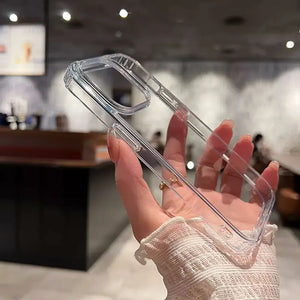 Ultra-clear transparent DIY phone case for iPhone, featuring reinforced edges and raised camera protection, ideal for sticker decoration.