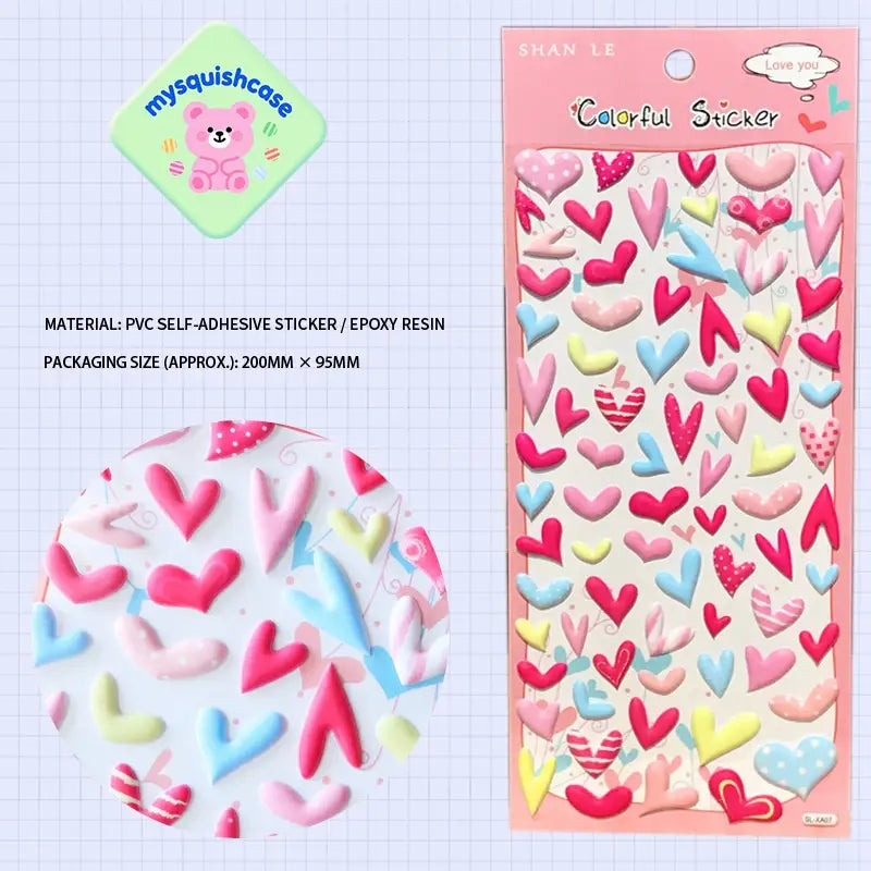 Product info sheet for "Colorful Sticker" 3D heart stickers, showing material (PVC/epoxy resin), packaging size, and detailed heart sticker designs.