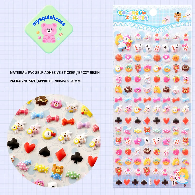 COLORFUL STICKER 3D bubble sticker sheet with Alice in Wonderland & bow tie patterns, PVC self-adhesive, size 200×95mm	