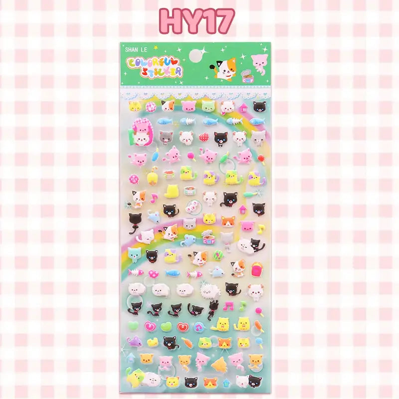 Display of "Colorful Sticker" 3D puffy cat paradise stickers (model HY17), featuring various cute cat designs with rainbow background.