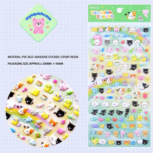 Product info sheet for "Colorful Sticker" cat paradise 3D stickers (HY17), showing material (PVC/epoxy resin), packaging size, and sticker details.