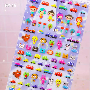 Display of "Colorful Sticker" 3D puffy city traffic stickers (model HY-16), featuring cute cars, cartoon characters, and animal designs.