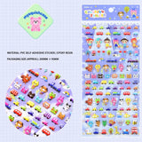 Product info sheet for "Colorful Sticker" city traffic 3D stickers (HY-16), showing material (PVC/epoxy resin), packaging size, and sticker details.