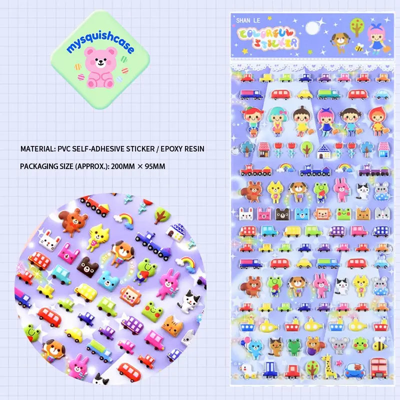 Product info sheet for "Colorful Sticker" city traffic 3D stickers (HY-16), showing material (PVC/epoxy resin), packaging size, and sticker details.