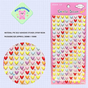 Product info sheet for "Colorful Sticker" colorful heart 3D stickers, showing material (PVC/epoxy resin), packaging size, and heart sticker details.