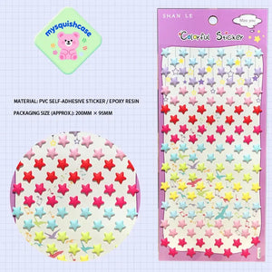 Product info sheet for "Colorful Sticker" colorful star 3D stickers, showing material (PVC/epoxy resin), packaging size, and star sticker details.