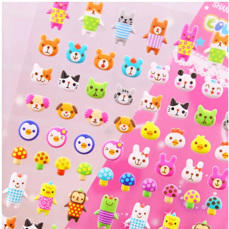 Close-up of "Colorful Sticker" 3D puffy cute pet paradise stickers, showing detailed cute animal and character designs.