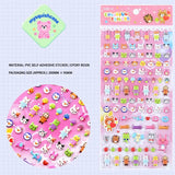Product info sheet for "Colorful Sticker" cute pet paradise 3D stickers (HY-15), showing material (PVC/epoxy resin), packaging size, and sticker details.