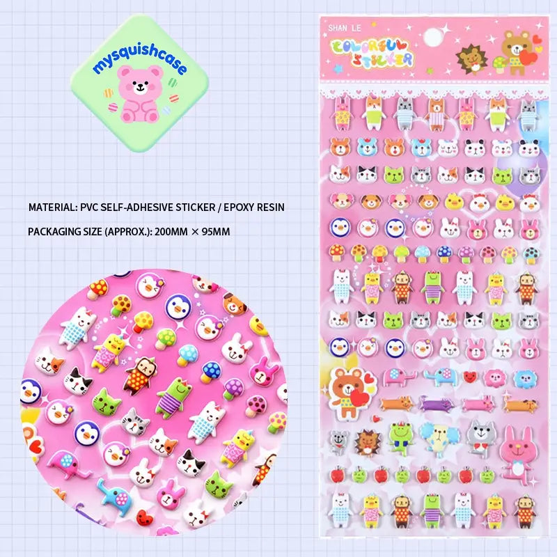 Product info sheet for "Colorful Sticker" cute pet paradise 3D stickers (HY-15), showing material (PVC/epoxy resin), packaging size, and sticker details.