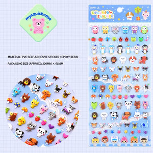Product info sheet for "Colorful Sticker" cute pet paradise 3D stickers, showing material (PVC/epoxy resin), packaging size, and sticker details.