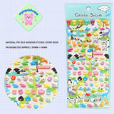 Product info sheet for "Colorful Sticker" dinosaur & animal 3D stickers, showing material (PVC/epoxy resin), packaging size, and cute dino + jungle animal designs.