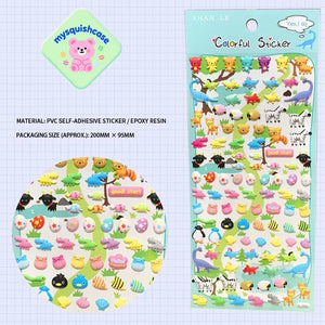 Product info sheet for "Colorful Sticker" dinosaur & animal 3D stickers, showing material (PVC/epoxy resin), packaging size, and cute dino + jungle animal designs.