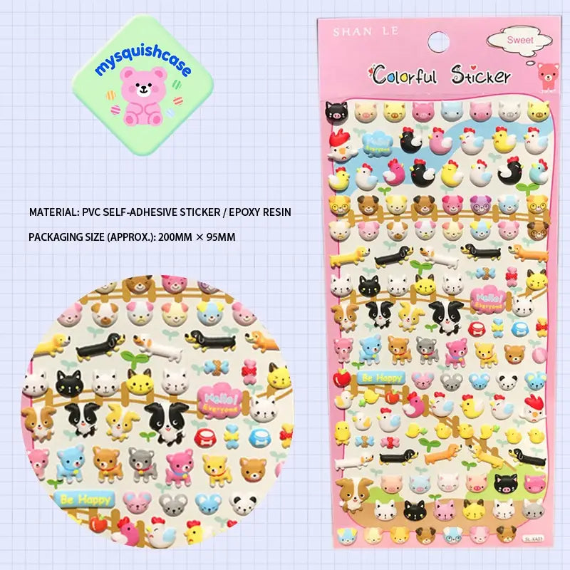 Product info sheet for "Colorful Sticker" farm animal 3D stickers, showing material (PVC/epoxy resin), packaging size, and cute farm animal designs.