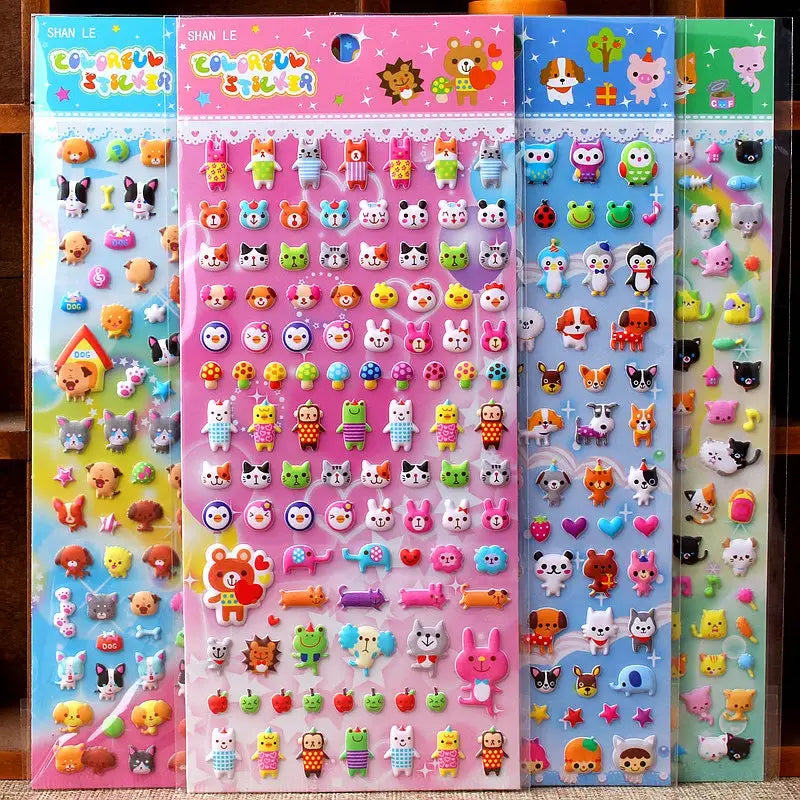 Display of multi-theme "Colorful Sticker" 3D puffy animal sticker set, featuring cute zoo, pet, and cartoon character designs.