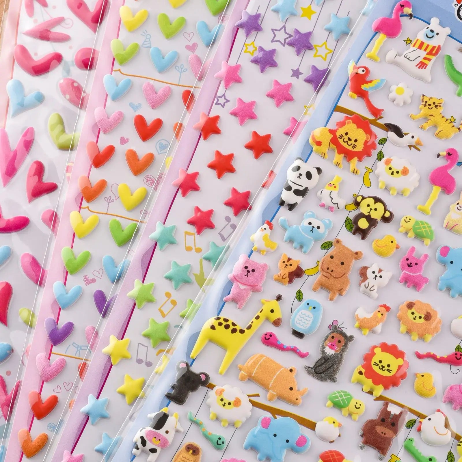 Display of multi-theme "Colorful Sticker" 3D puffy sticker set, including heart, star, and zoo animal designs.
