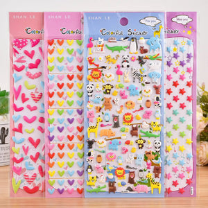 Detail display of multi-theme "Colorful Sticker" 3D puffy sticker set, showing cute heart, star, and zoo animal sticker designs.