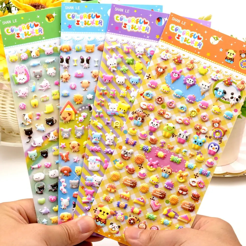 Handheld display of multi-theme "Colorful Sticker" 3D puffy sticker set, including animal, sweet, and cute character designs.