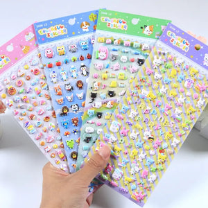 Handheld display of multi-theme "Colorful Sticker" 3D puffy sticker set, including cute cat, rabbit, and animal designs.