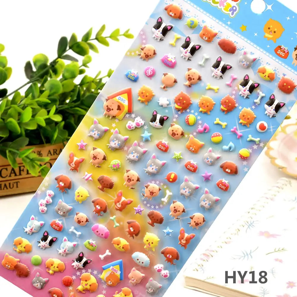 Display of "Colorful Sticker" 3D puffy pet paradise stickers, featuring cute dog, cat, and small animal designs.