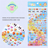 Product info sheet for "Colorful Sticker" pet paradise 3D stickers, showing material (PVC/epoxy resin), packaging size, and sticker details.
