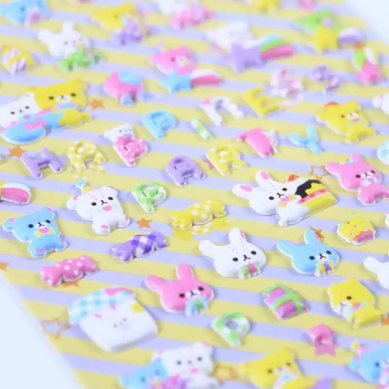 Close-up of "Colorful Sticker" 3D puffy rabbit and bear stickers, showing detailed cute animal and alphabet designs.