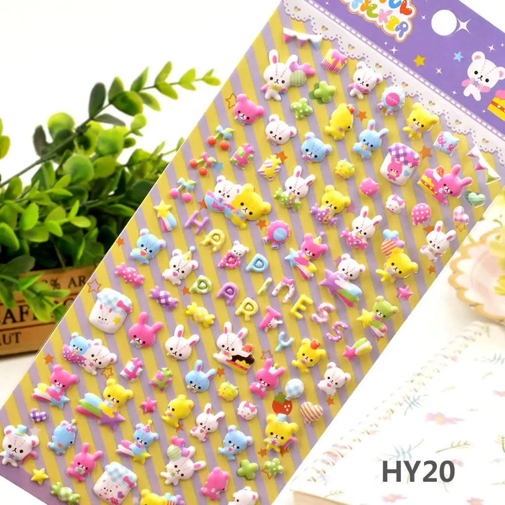 Display of "Colorful Sticker" 3D puffy rabbit and bear stickers, featuring cute pastel-colored animal and letter designs.