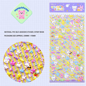 Product info sheet for "Colorful Sticker" rabbit and bear 3D stickers, showing material (PVC/epoxy resin), packaging size, and sticker details.