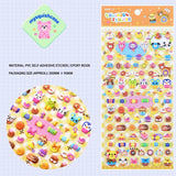 Product info sheet for "Colorful Sticker" sweet & animal 3D stickers, showing material (PVC/epoxy resin), packaging size, and sticker details.
