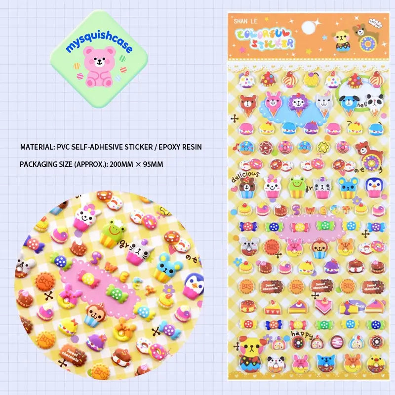 Product info sheet for "Colorful Sticker" sweet & animal 3D stickers, showing material (PVC/epoxy resin), packaging size, and sticker details.