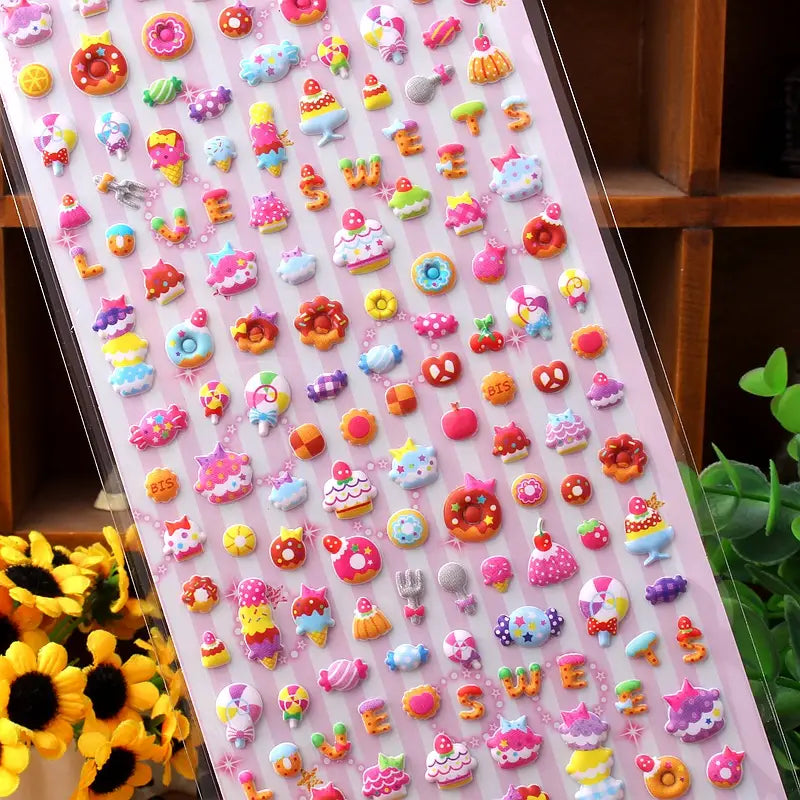 Display of "Colorful Sticker" 3D puffy sweet paradise stickers, featuring cute donuts, cupcakes, and colorful dessert designs.