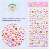Product info sheet for "Colorful Sticker" sweet paradise 3D stickers, showing material (PVC/epoxy resin), packaging size, and detailed dessert sticker designs.

