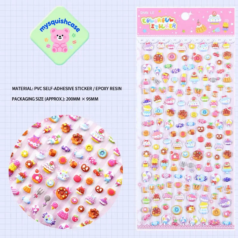 Product info sheet for "Colorful Sticker" sweet paradise 3D stickers, showing material (PVC/epoxy resin), packaging size, and detailed dessert sticker designs.
