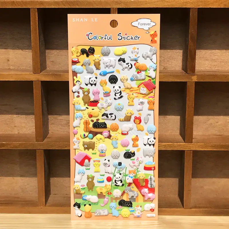 Display of "Colorful Sticker" 3D puffy zoo animal stickers, featuring cute designs of pandas, koalas, rabbits, and other animals.