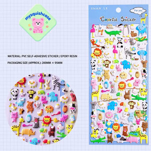 Product info sheet for "Colorful Sticker" zoo animal 3D stickers, showing material (PVC/epoxy resin), packaging size, and full sticker details.

