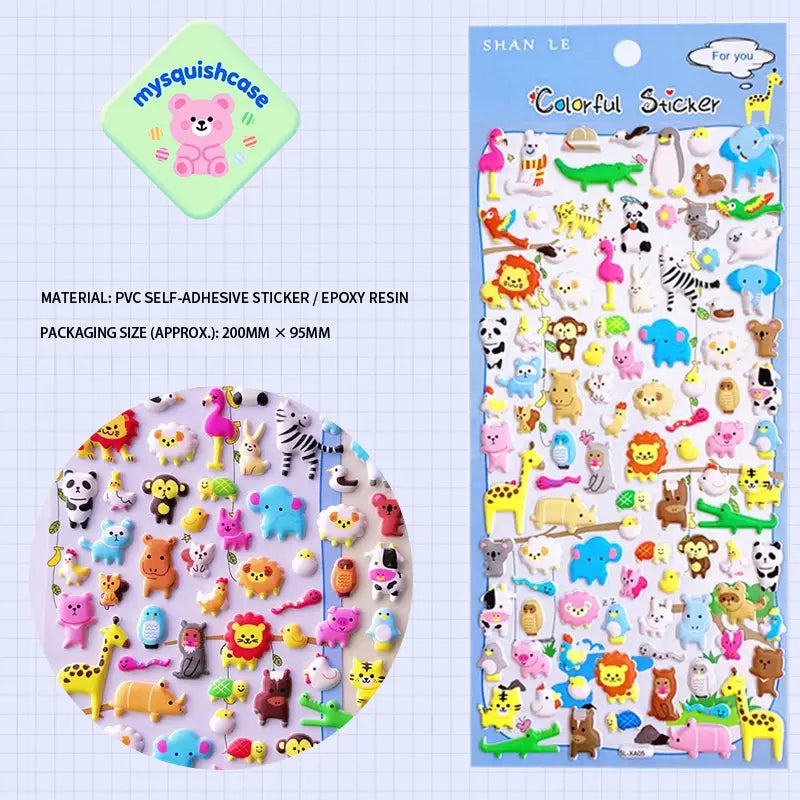 Product info sheet for "Colorful Sticker" zoo animal 3D stickers, showing material (PVC/epoxy resin), packaging size, and full sticker details.
