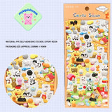 Product info sheet for "Colorful Sticker" zoo animal 3D stickers, showing material (PVC/epoxy resin), packaging size, and cute animal designs.
