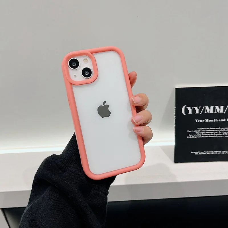 Clear DIY phone case for iPhone with coral orange protective frame and transparent back panel, featuring raised camera protection, ready for sticker decoration.