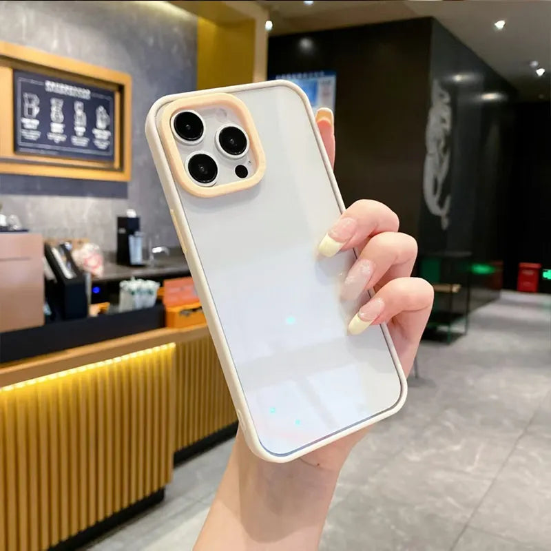 Clear DIY phone case for iPhone with cream-colored protective frame and transparent back panel, featuring raised camera protection, ready for sticker decoration.