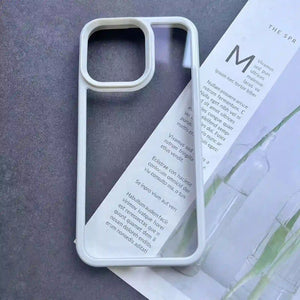 Clear DIY phone case for iPhone with cream-colored protective frame and transparent back panel, featuring raised camera protection, ready for sticker decoration.
