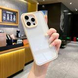 A premium hybrid protective phone case featuring a soft cream white bumper border, a contrasting pastel yellow camera protection frame, and a crystal clear back panel.
