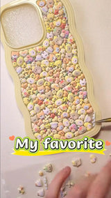 Handcrafted cream yellow wavy frame 3D phone case filled with a dense, colorful collage of cute squishy cartoon animals and hearts.