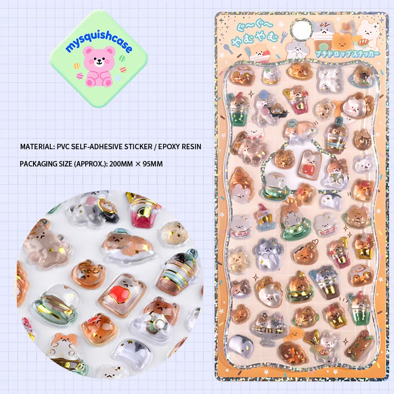 Product display of cute animal themed 3D crystal puffy sticker sheet, including material (PVC/epoxy resin) and packaging size (200mm×95mm), cute kawaii stickers for planner decoration
