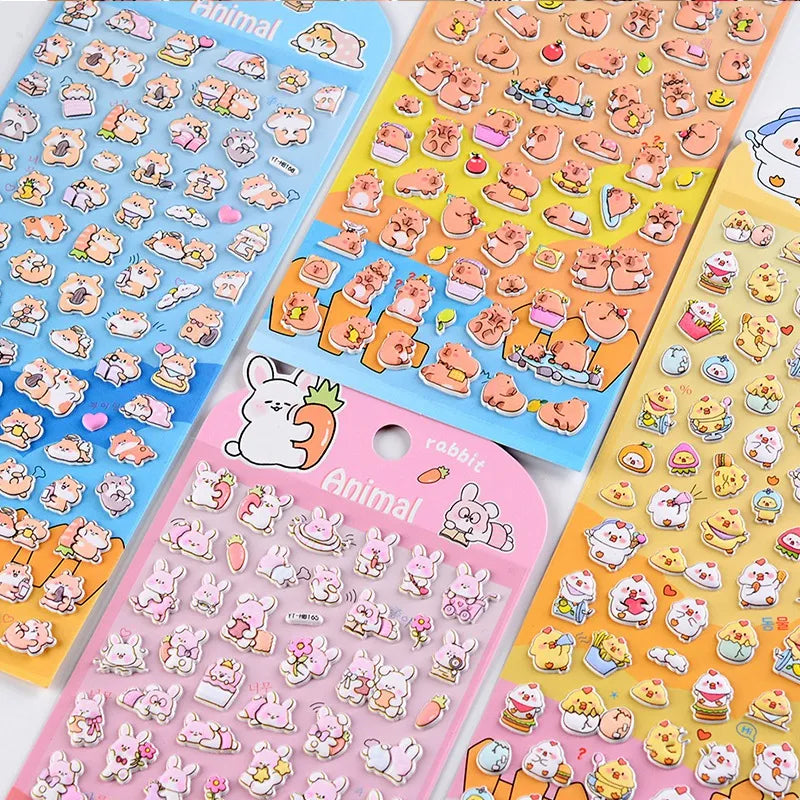 Close-up of 3D puffy Capybara stickers, showcasing adorable capybara designs with fruit, bath, and hot spring elements, self-adhesive PVC epoxy stickers
