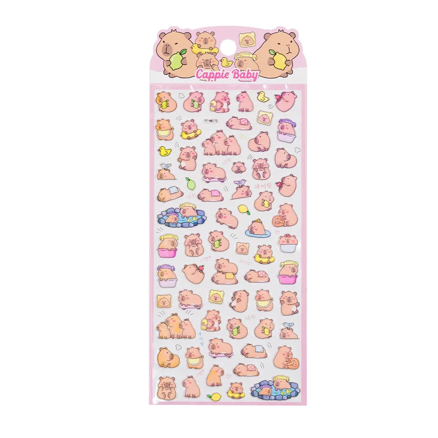 Single sheet of 3D puffy Capybara stickers with fruit and hot spring designs, self-adhesive PVC epoxy resin stickers for DIY crafts and planner decoration